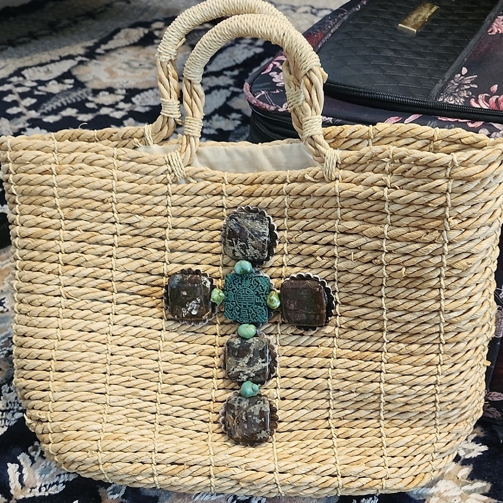 Handcrafted Beige Straw Tote Bag with Decorative Accents